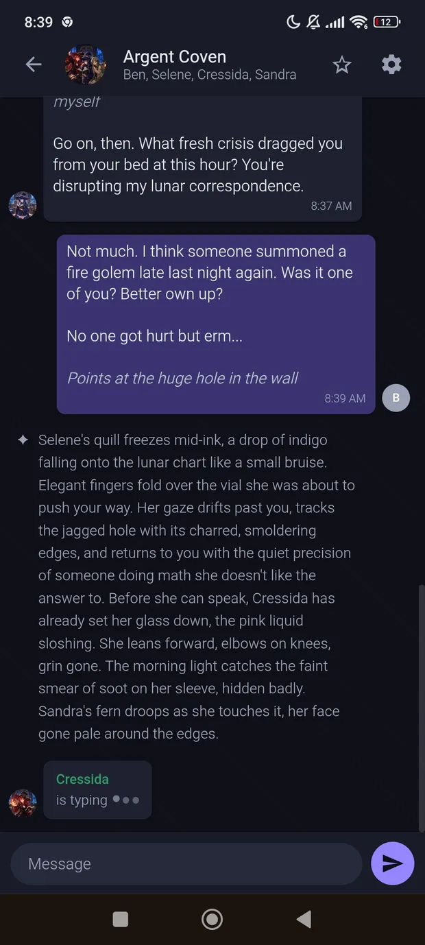 UGotTea group chat in story mode with multiple AI characters and narrated roleplay
